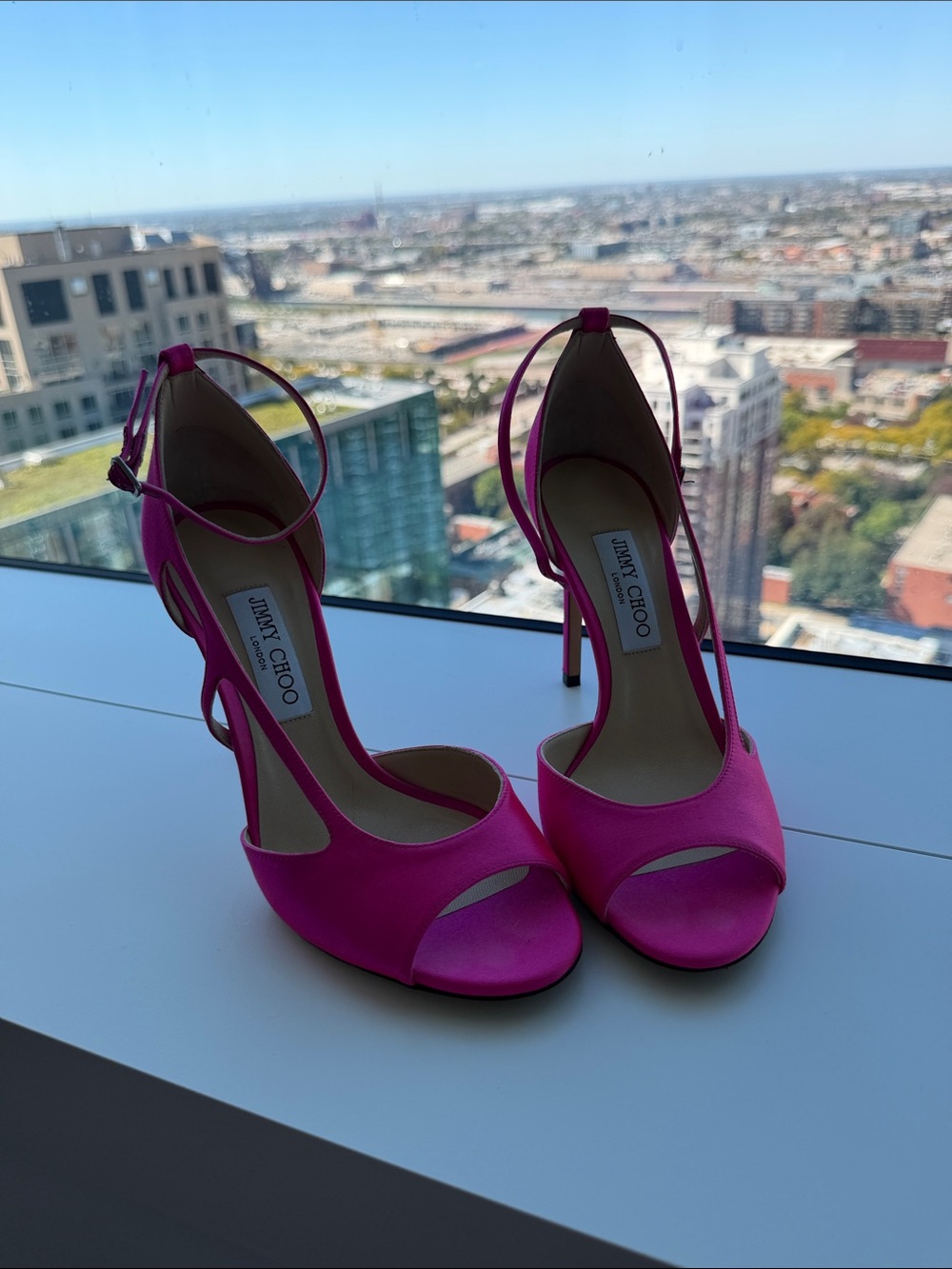 Jimmy Choo Hot Pink Satin Strappy Stiletto Sandals